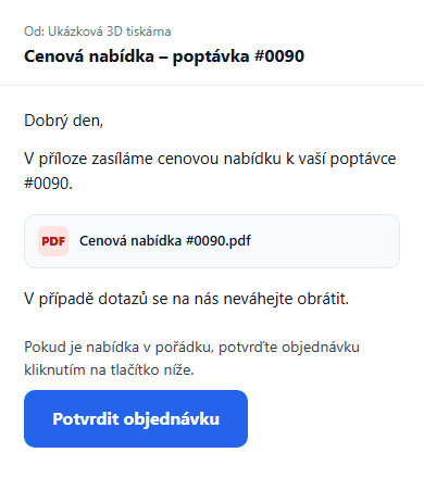 E-mail s nabídkou, PDF a tlačítkem Potvrdit objednávku