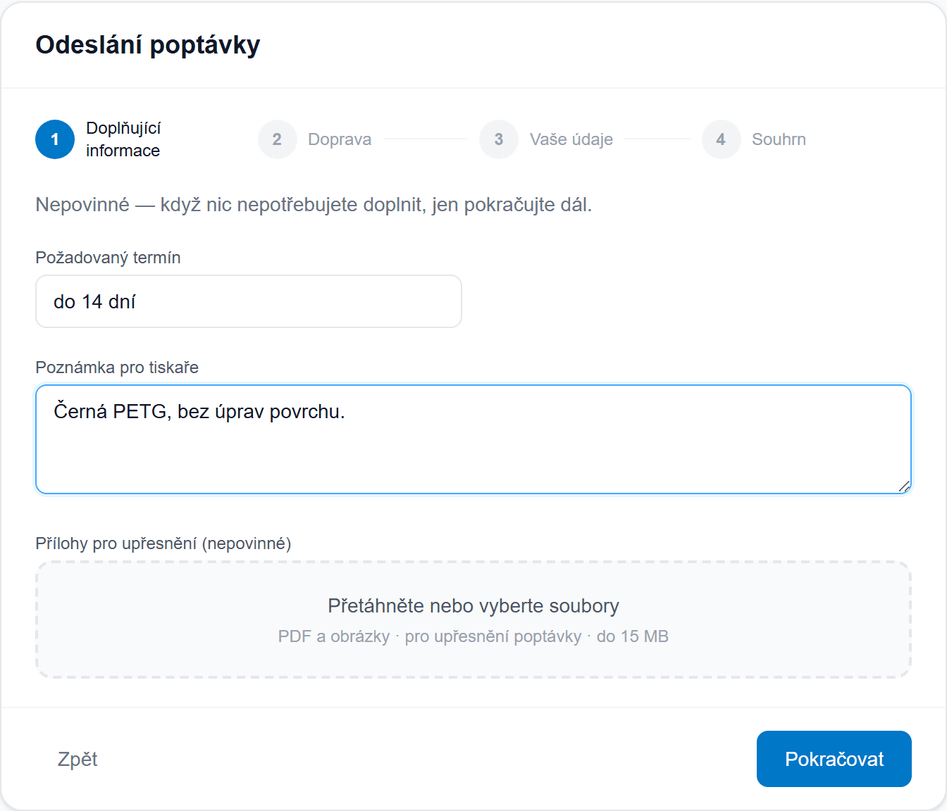 Krok Doplňující informace — termín, poznámka a přílohy