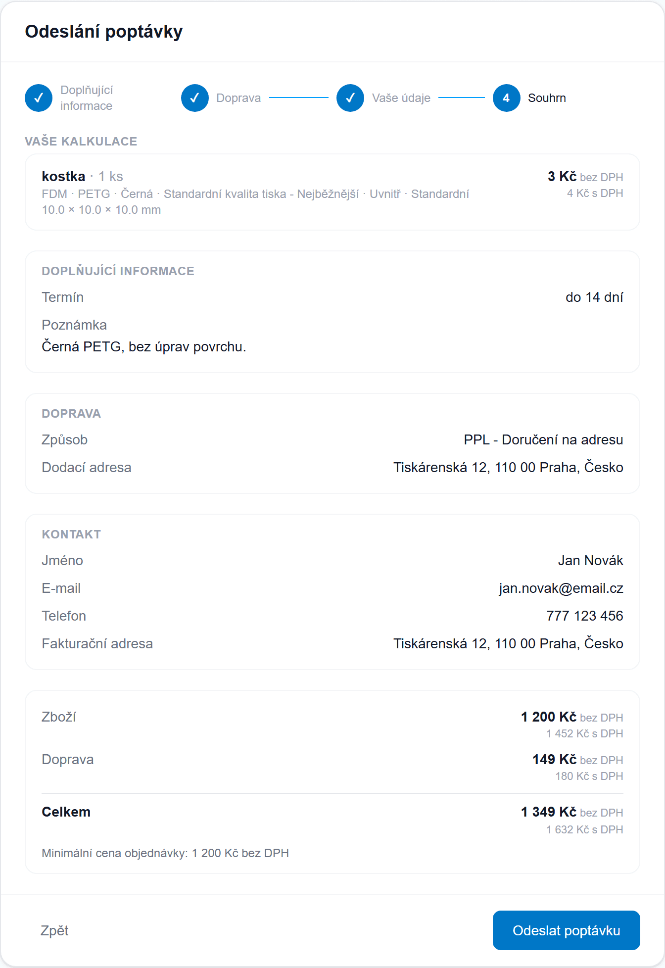 Krok Souhrn — kontrola ceny, dopravy a odeslání poptávky