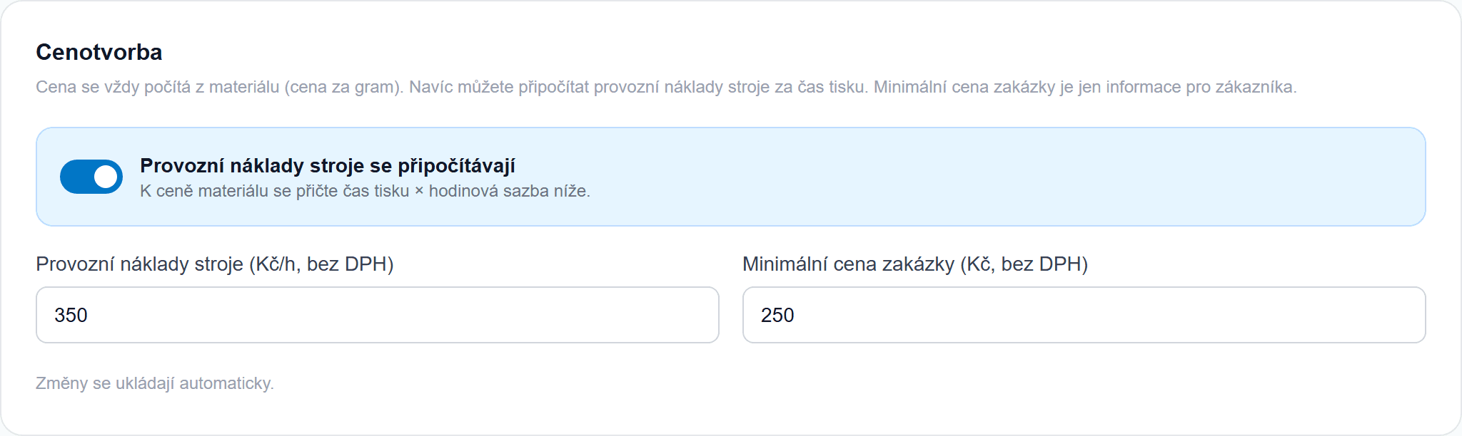 Nastavení hodinové sazby a minimální ceny zakázky