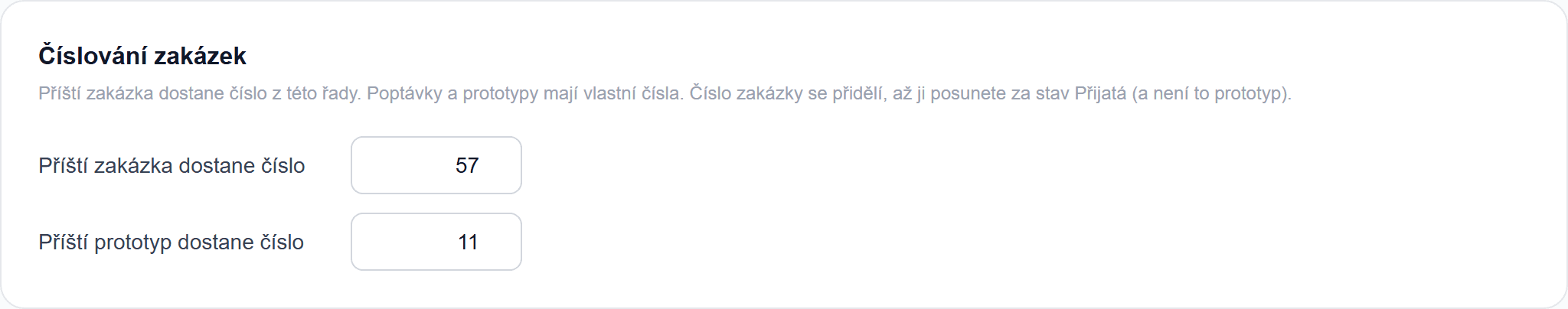 Nastavení číslování zakázek a prototypů