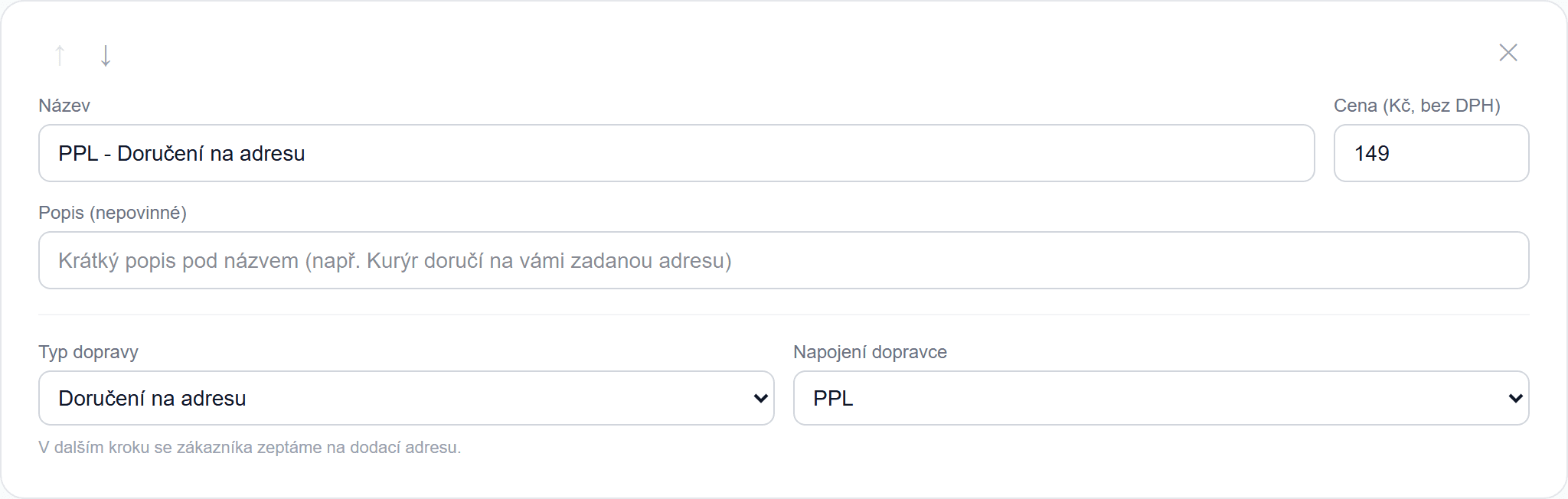 Způsob dopravy — doručení na adresu