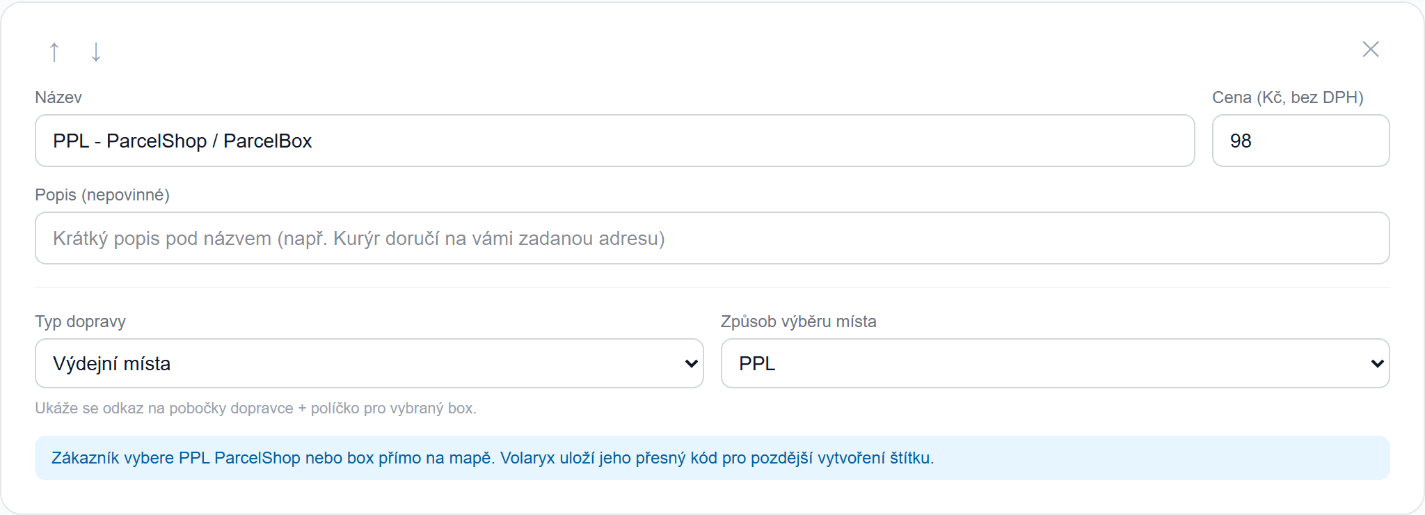 Způsob dopravy — výdejní box na mapě