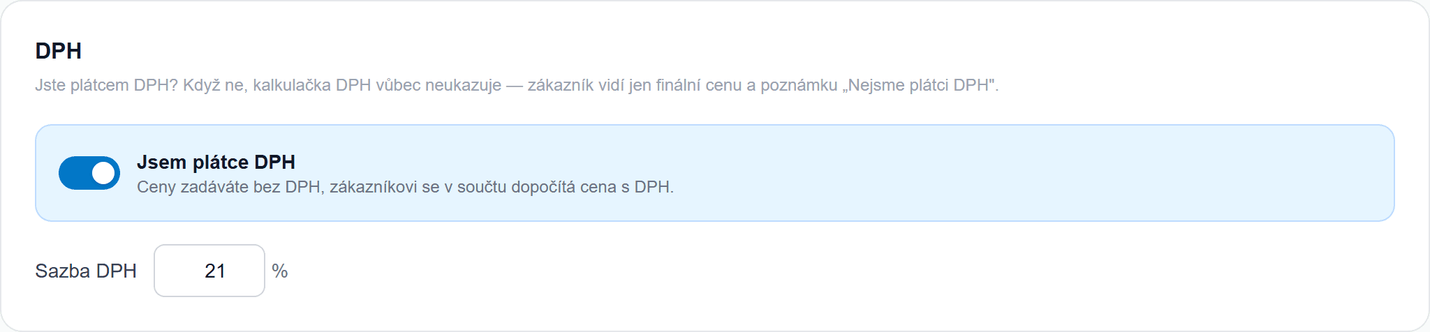 Nastavení plátce DPH a sazby