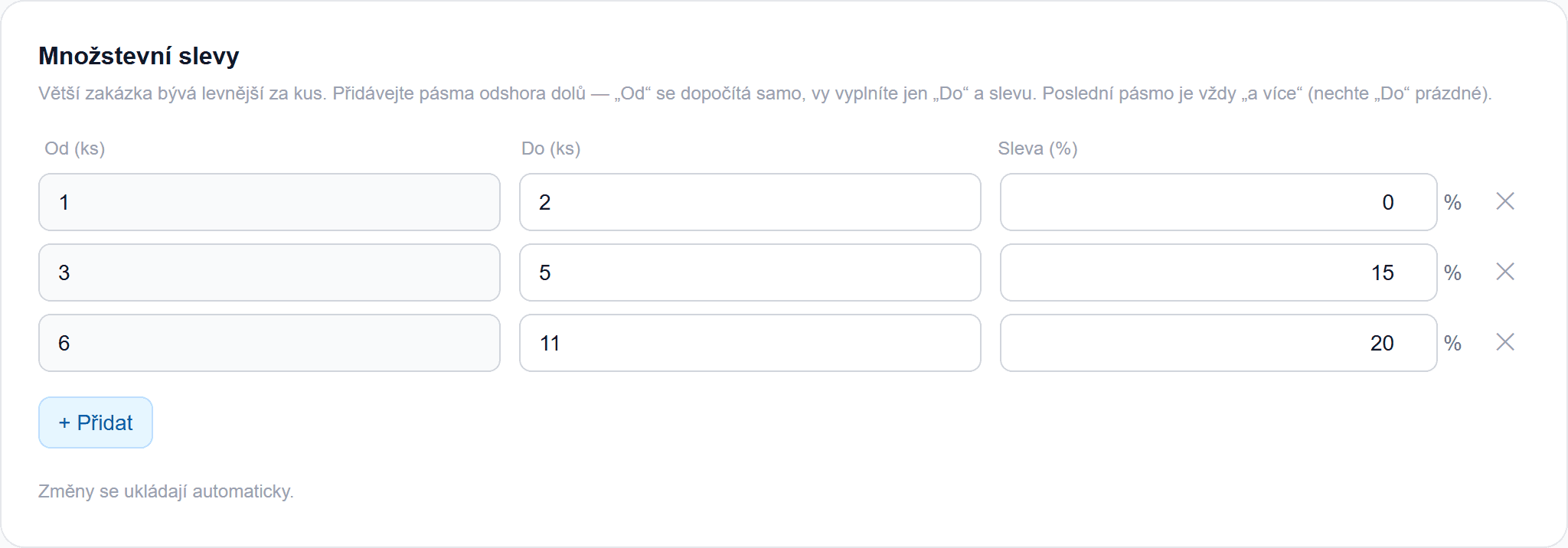 Pásma množstevních slev podle počtu kusů