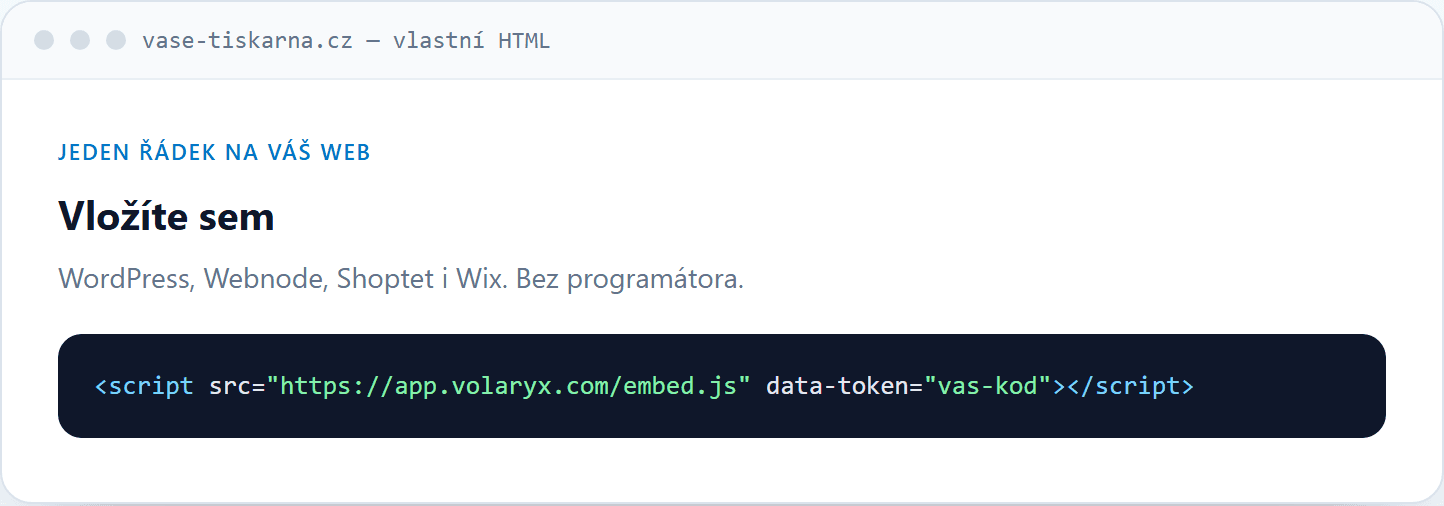 Jeden řádek kódu s tokenem, který vložíte do vlastního HTML na svém webu