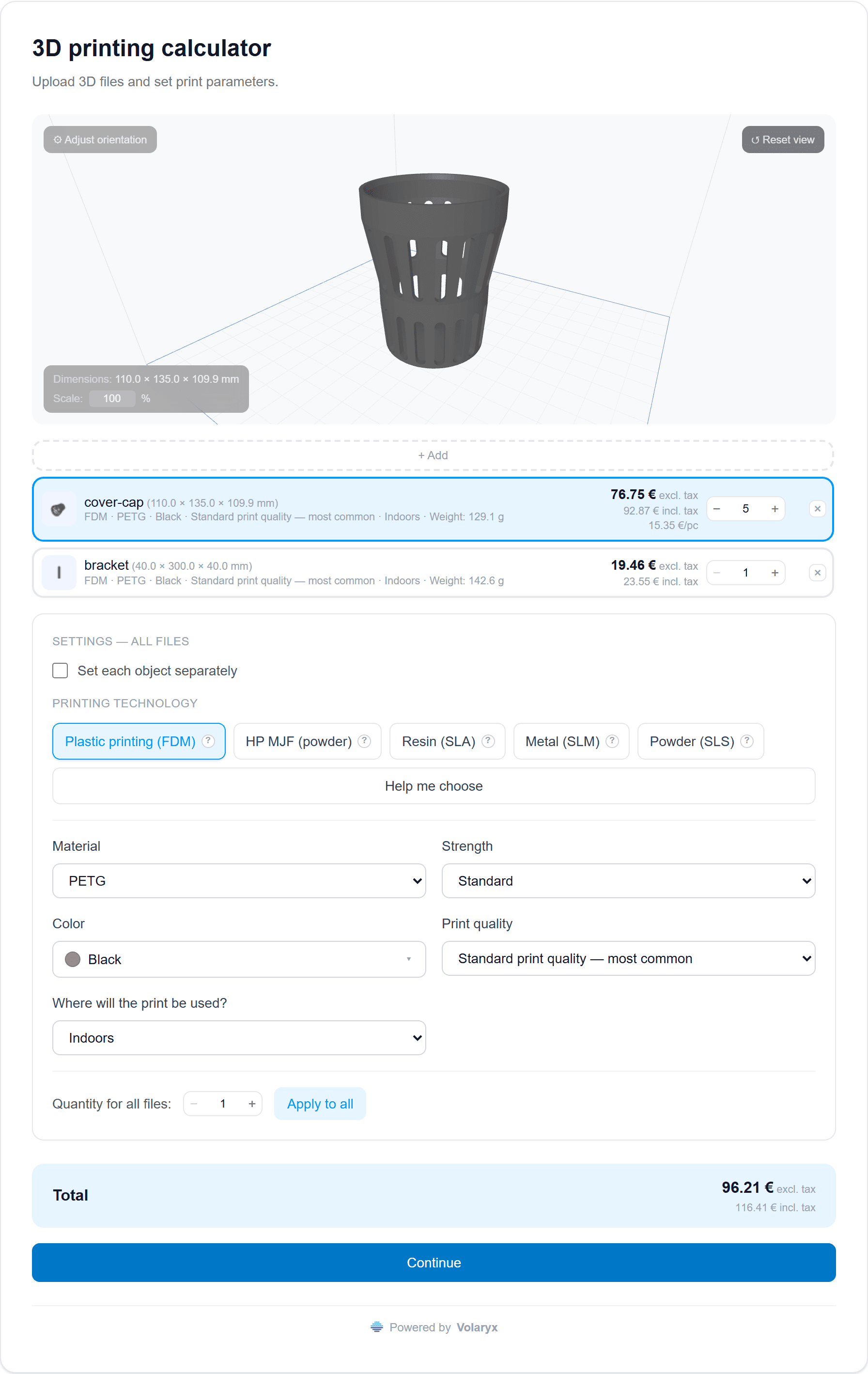 Calculator on a print shop website — uploaded models, 3D preview and a calculated price