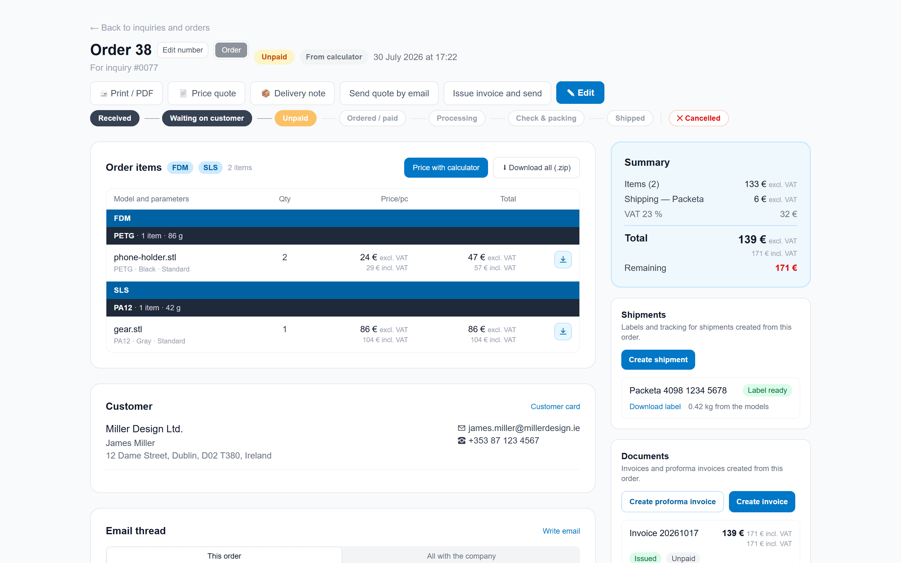 Order detail — items, customer, documents and shipment on one screen