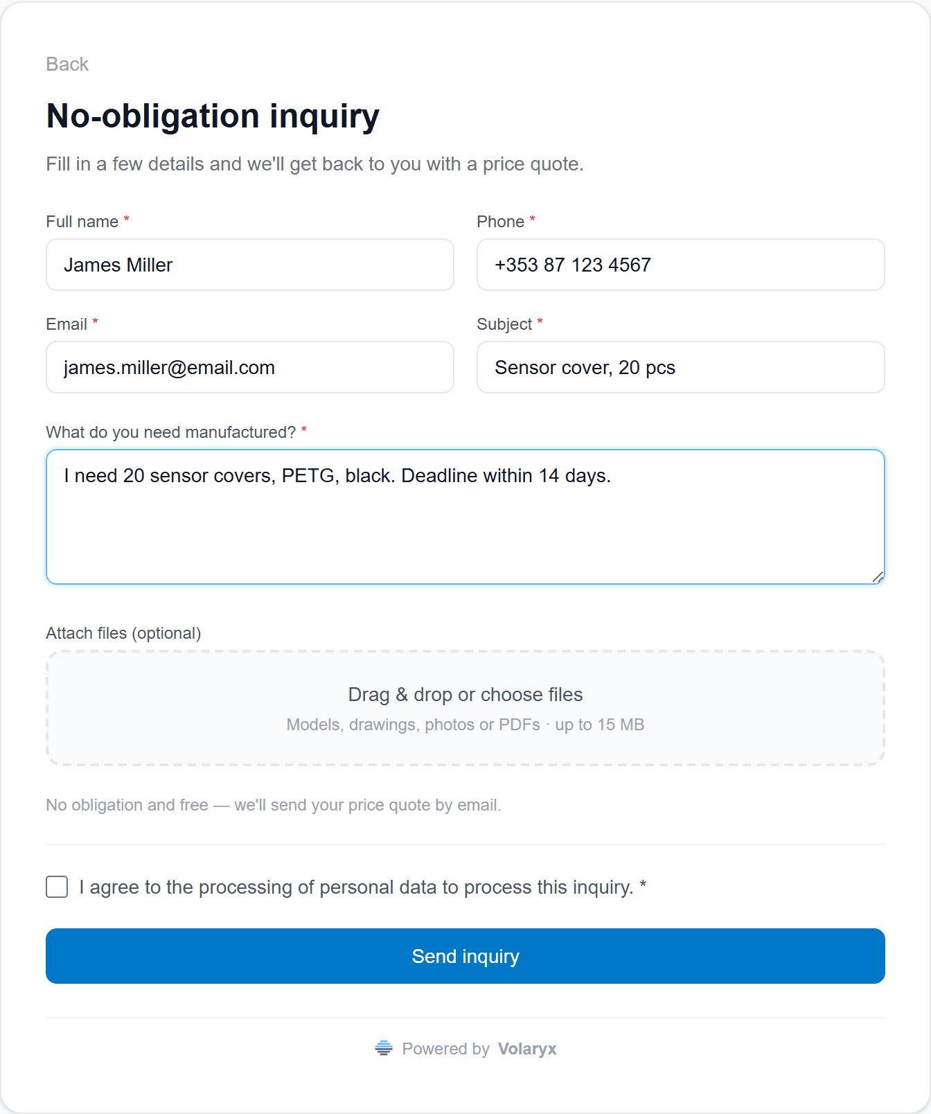 Inquiry form on a print shop website — for customers without a 3D model
