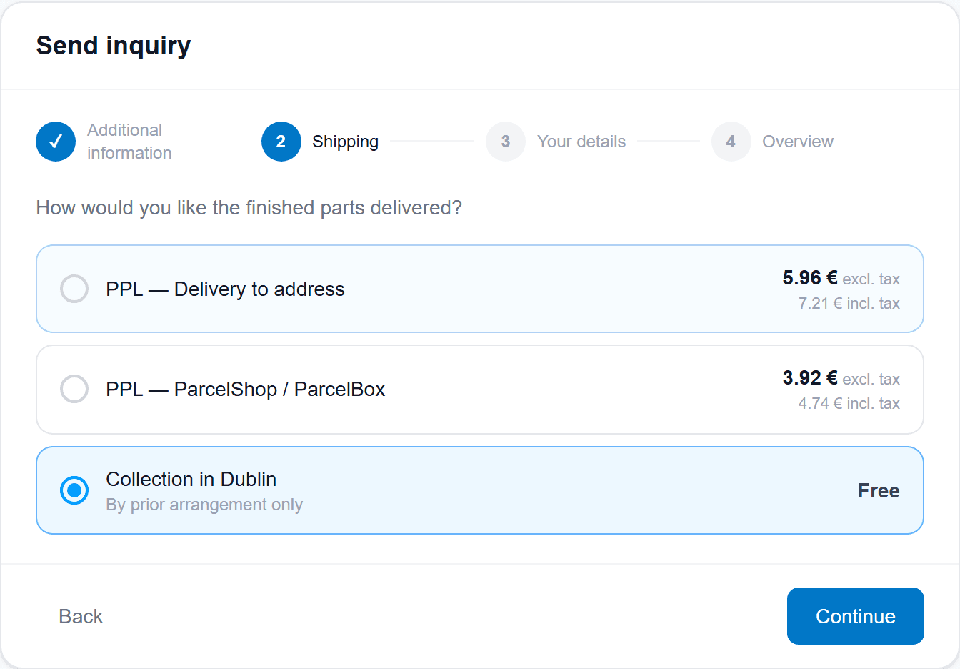 Shipping step — choosing a delivery method