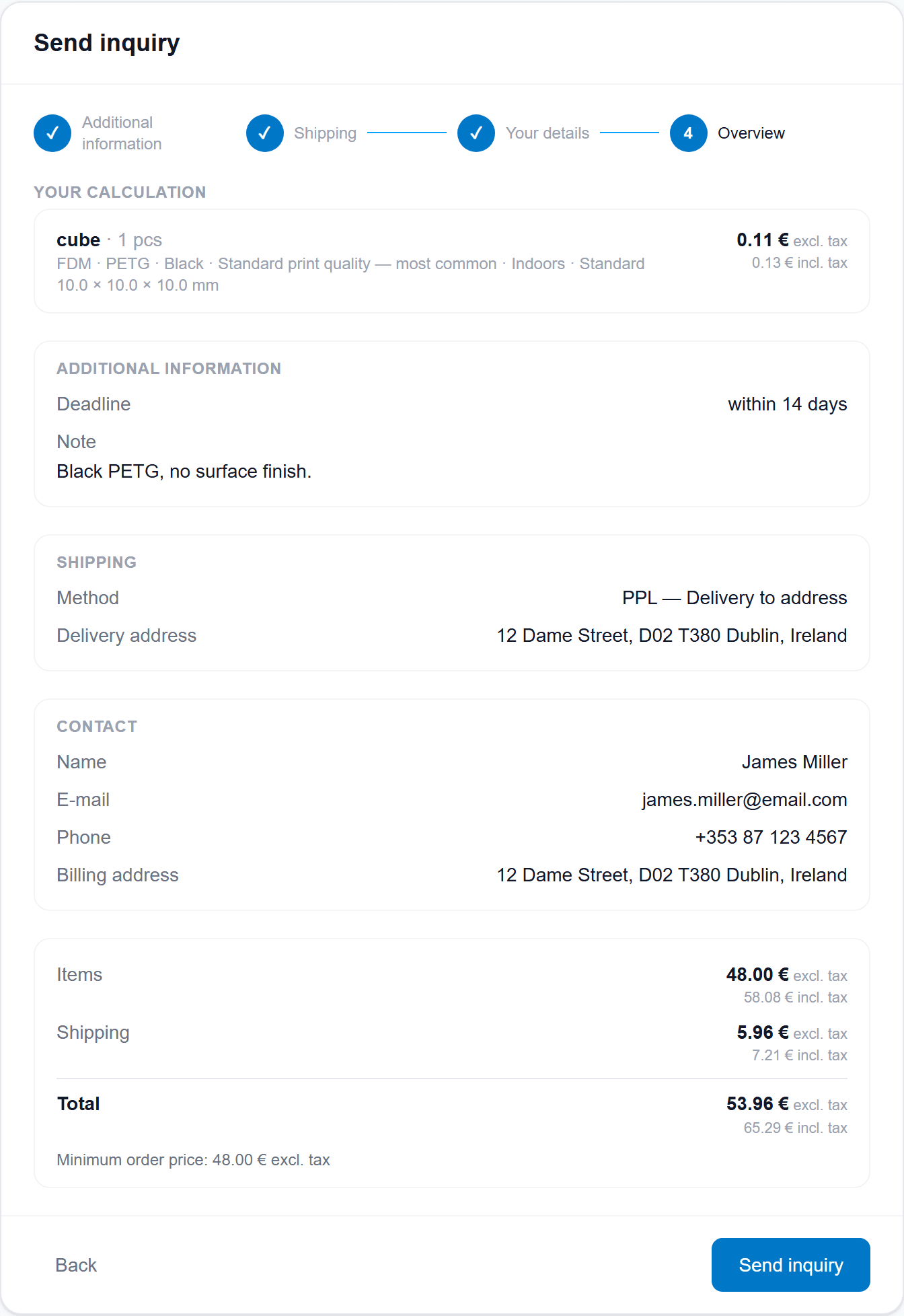 Overview step — checking the price, shipping and sending the inquiry