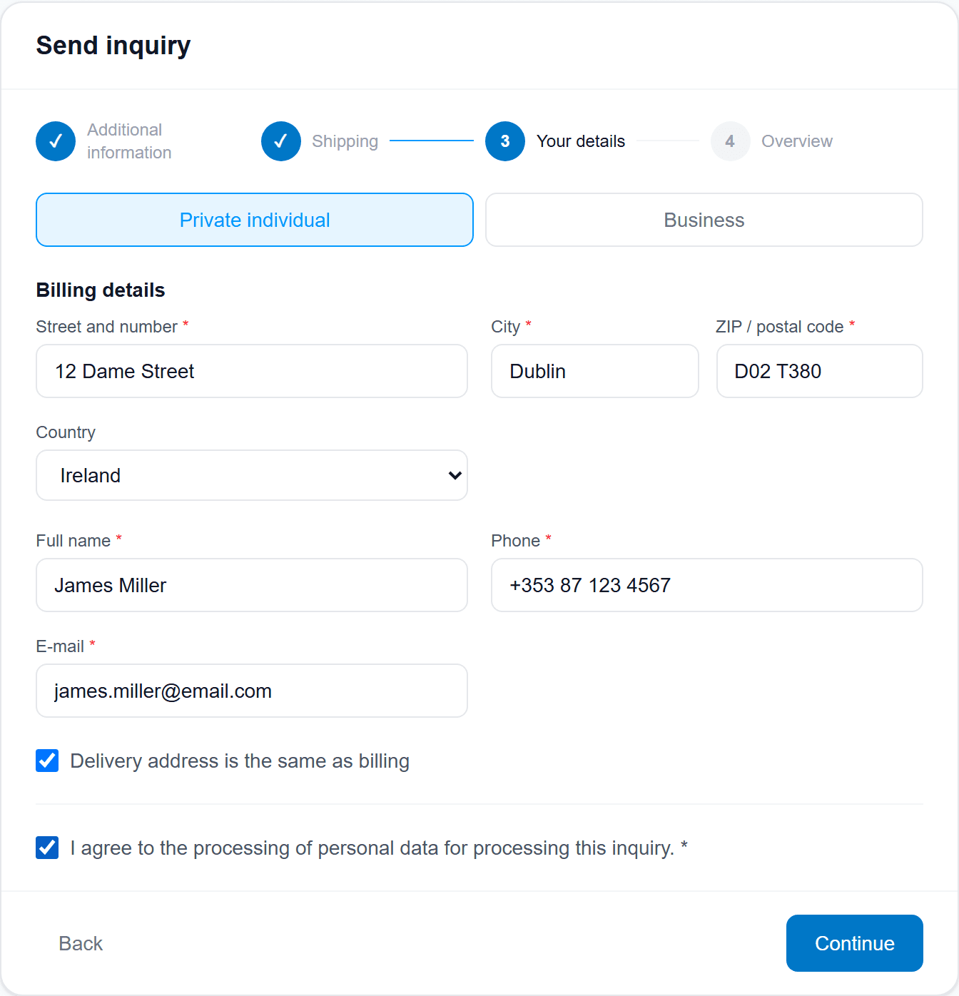 Your details step — billing and contact details