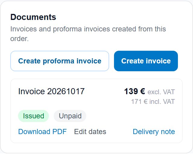 Documents on the order — proforma, invoice and paid status