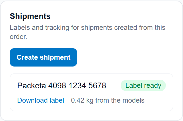 Shipment on the order — label and tracking number