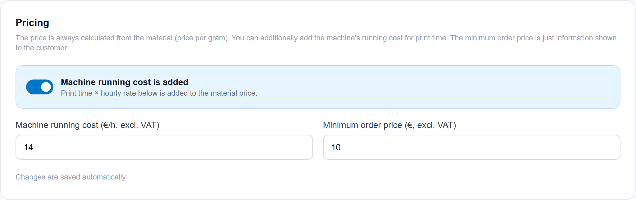 Hourly rate and minimum order settings