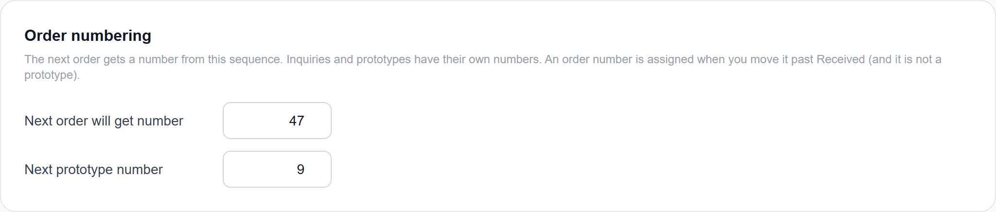 Order and prototype numbering settings