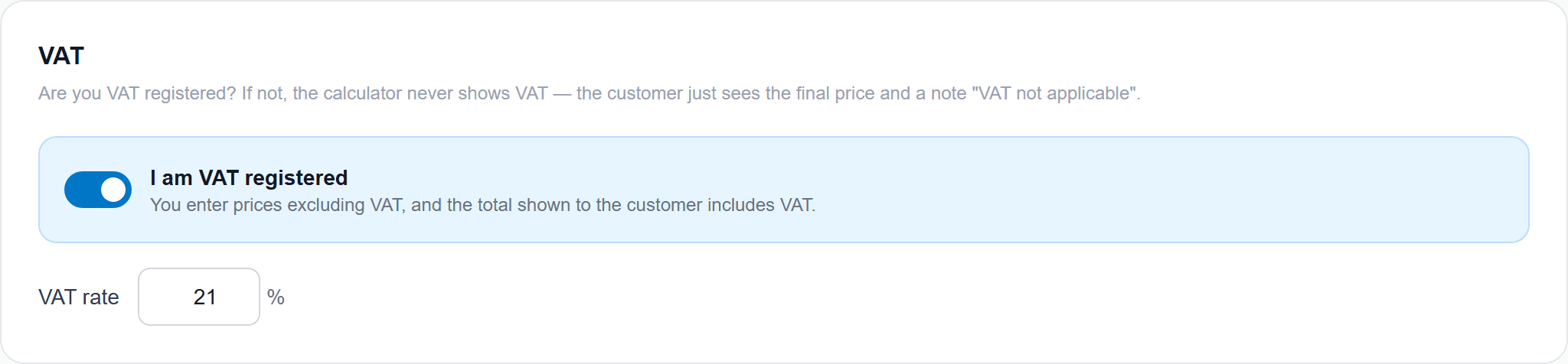 VAT registered setting and rate