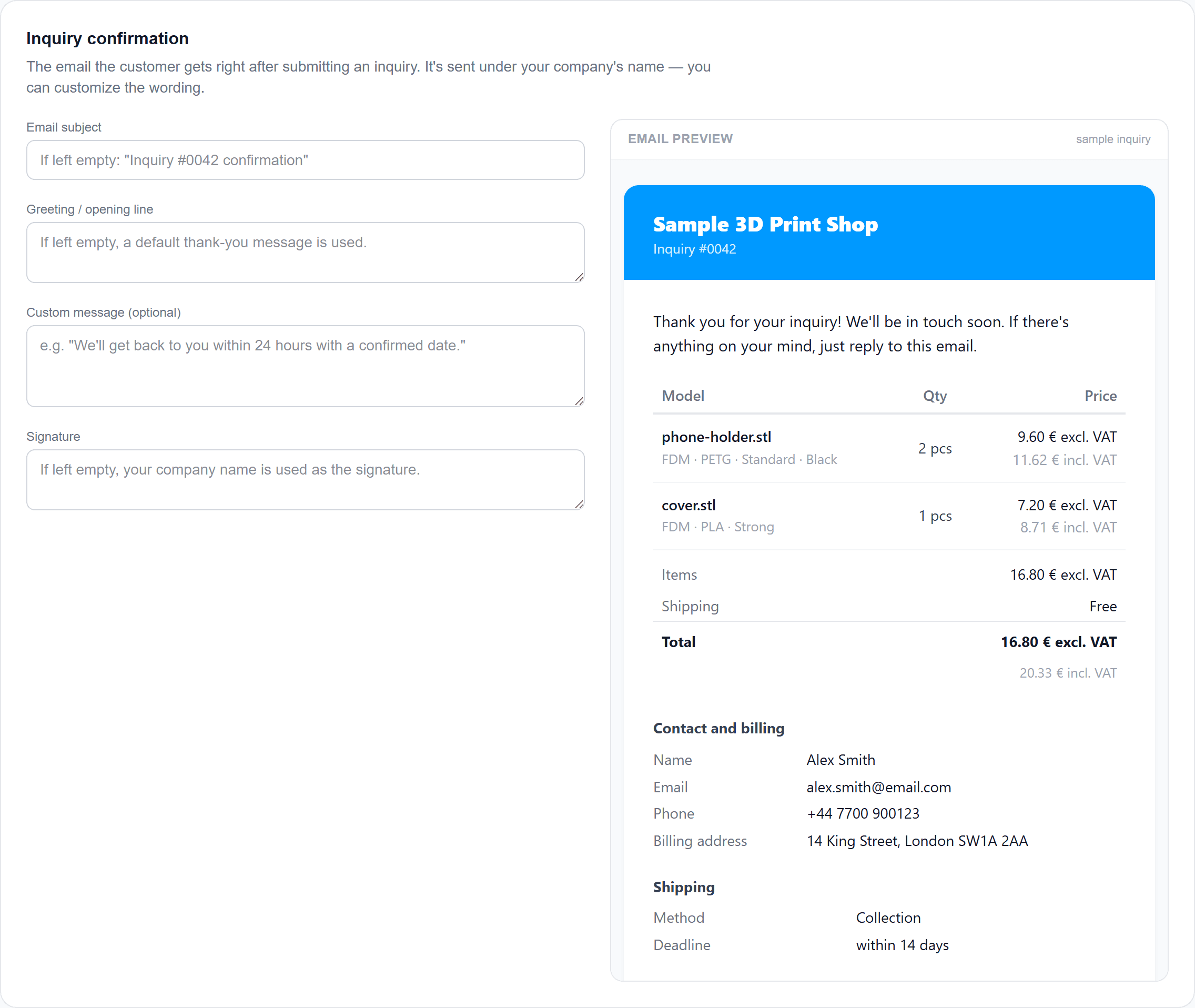 Editing the email the customer gets after an inquiry