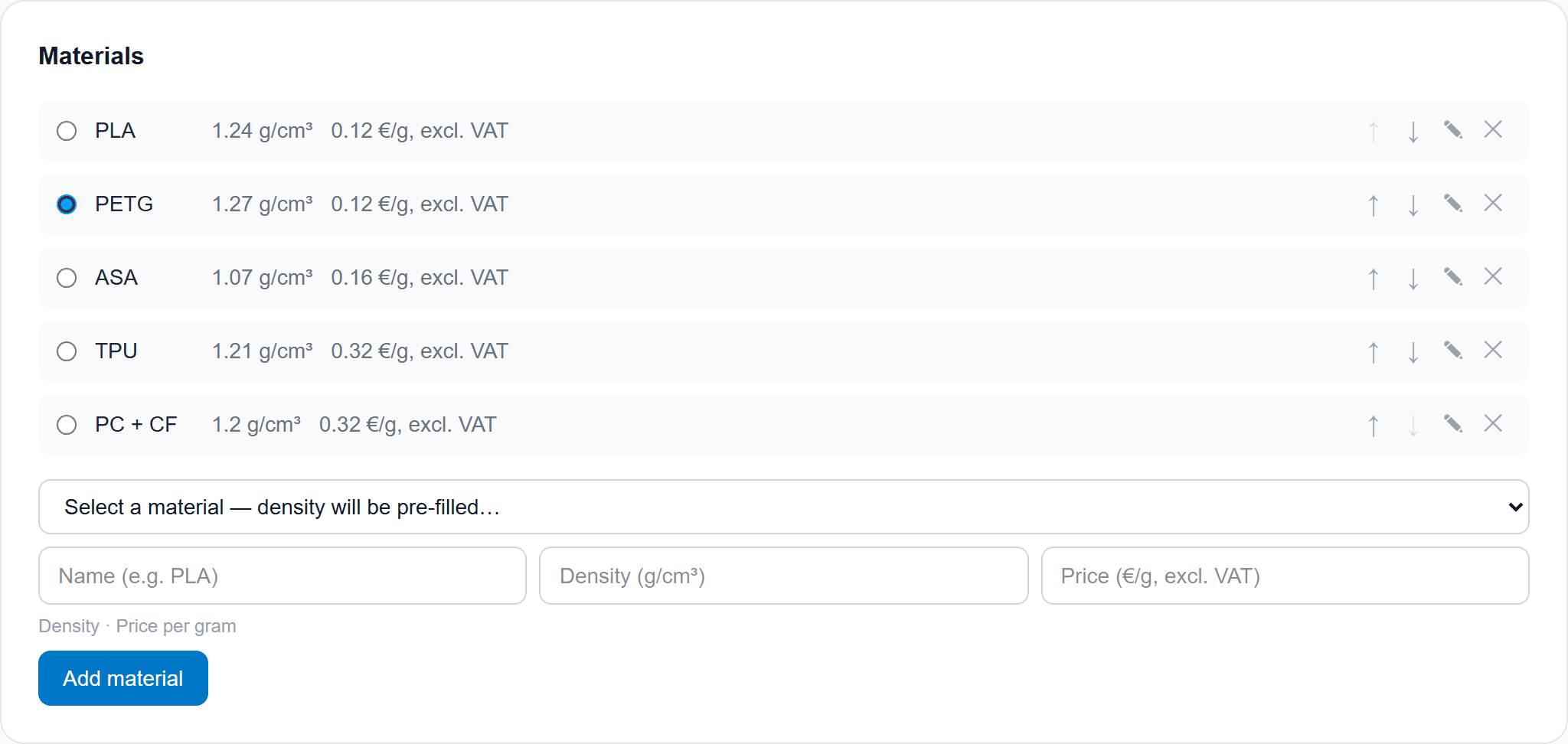 Material list with a price per gram