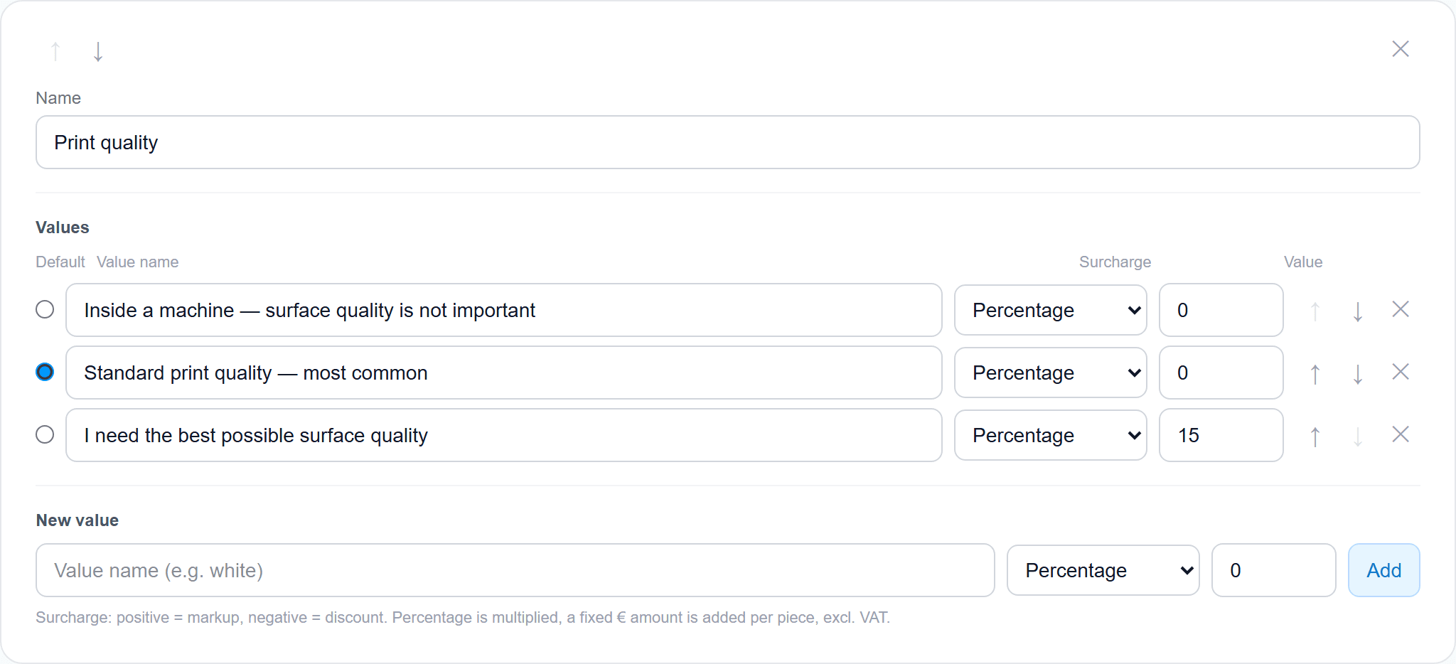 Custom field — print quality with a surcharge
