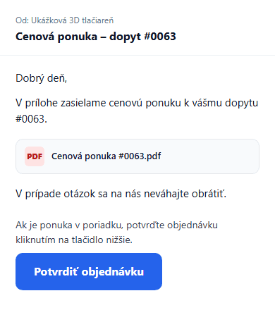 E-mail s ponukou, PDF a tlačidlom Potvrdiť objednávku