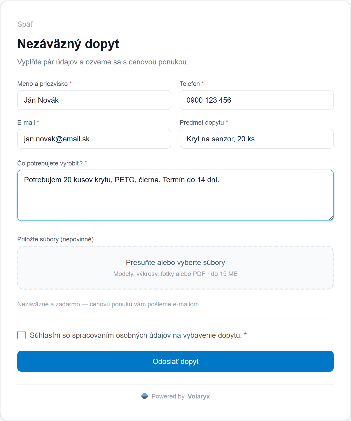 Dopytový formulár na webe tlačiarne — keď zákazník 3D model nemá