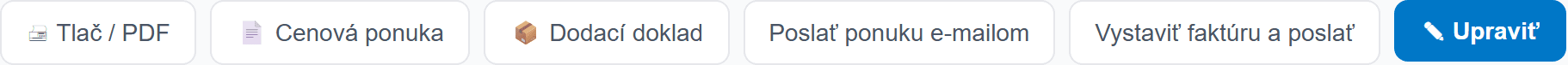 Tlačidlá na zákazke — ponuka, e-mail, dodací list a faktúra