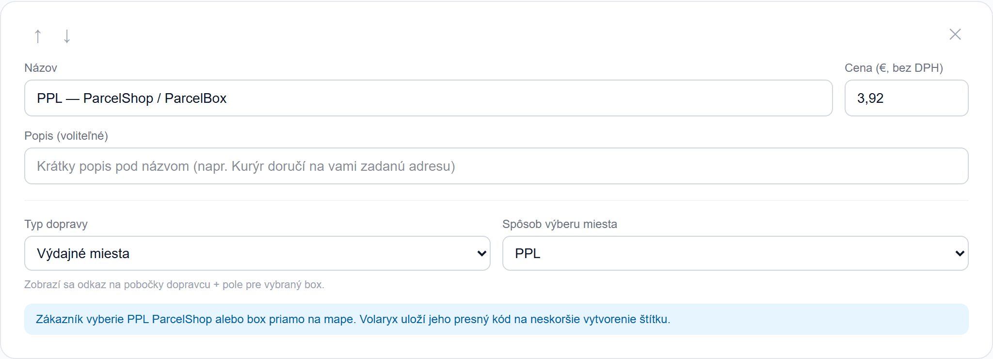 Spôsob dopravy — výdajný box na mape