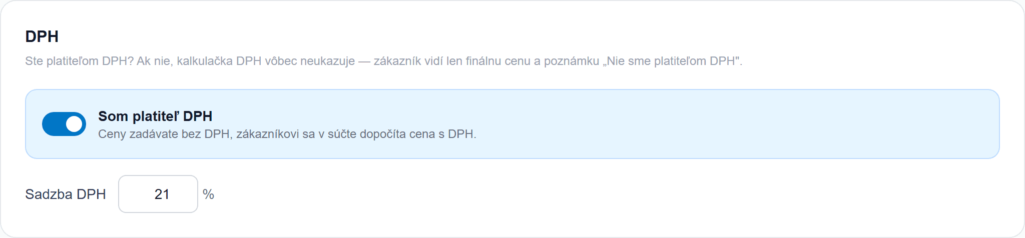 Nastavenie platiteľa DPH a sadzby