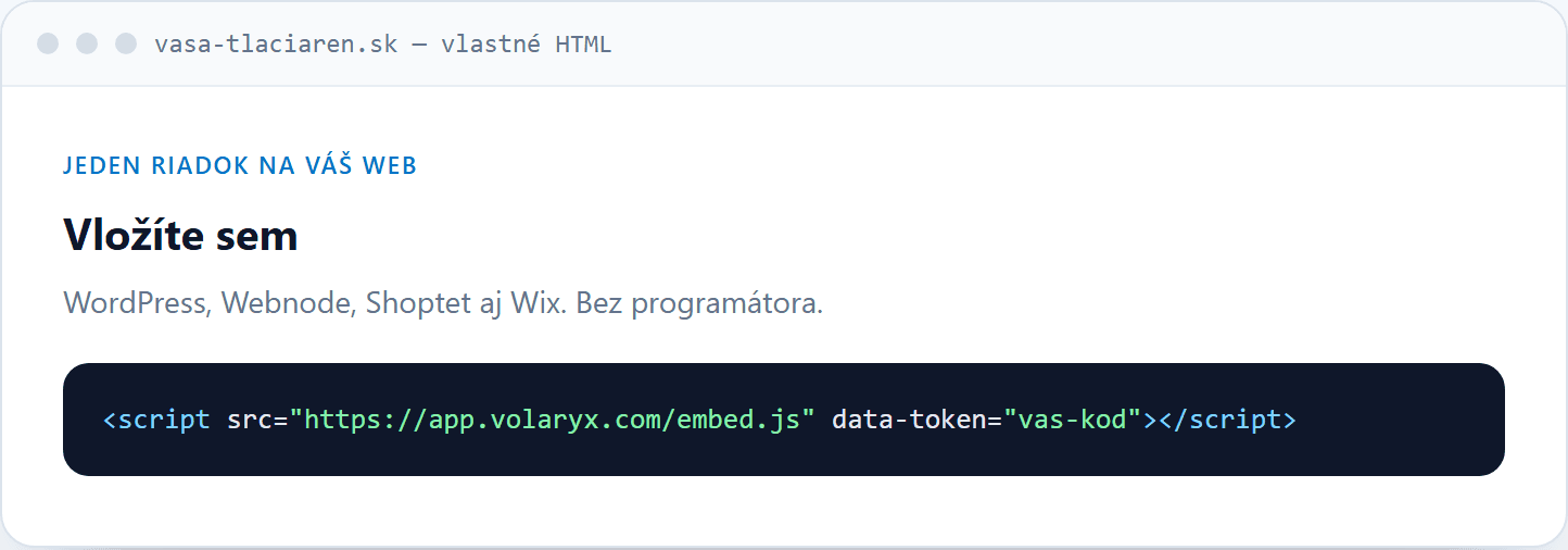 Jeden riadok kódu s tokenom, ktorý vložíte do vlastného HTML na svojom webe